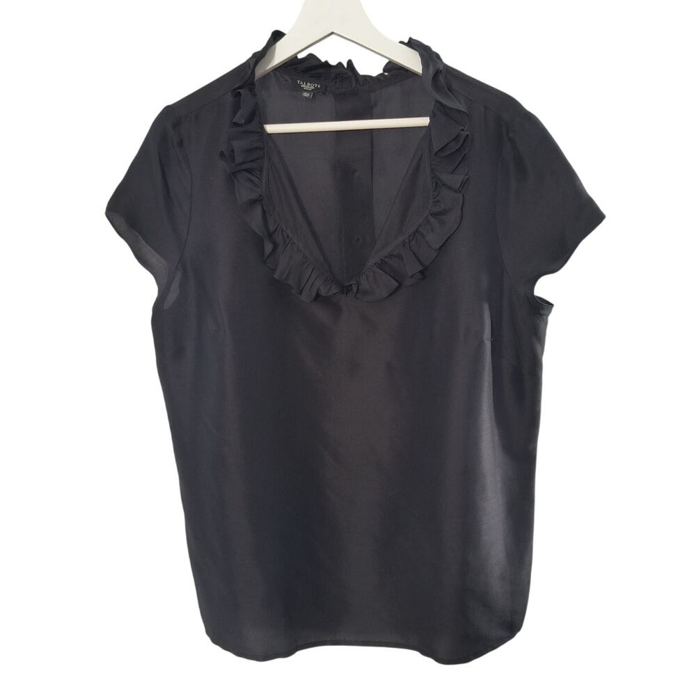 Talbots Silk Button Back Top Women's Sz12W Black V-Neck Ruffled Short Sleeve - Picture 6 of 16